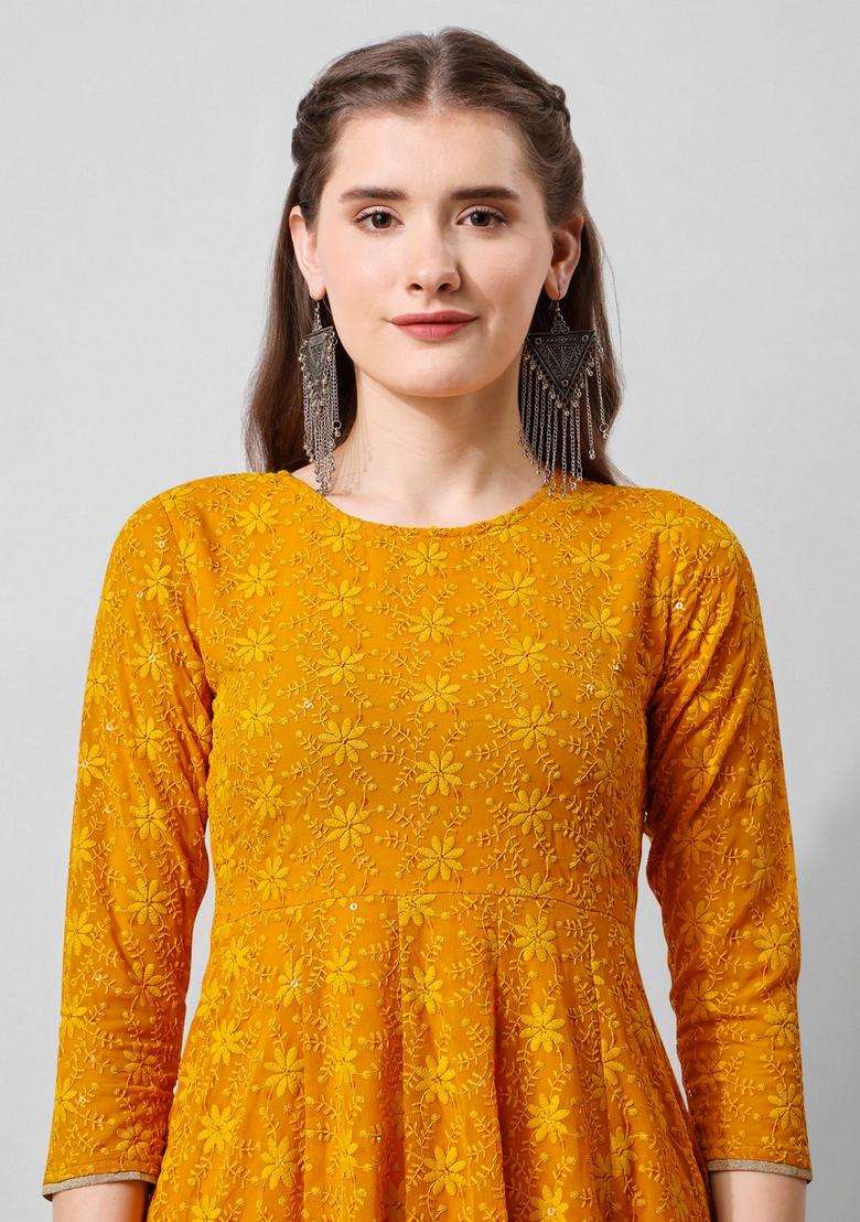 Mustard Printed Georgette Anarkali Set - Indya