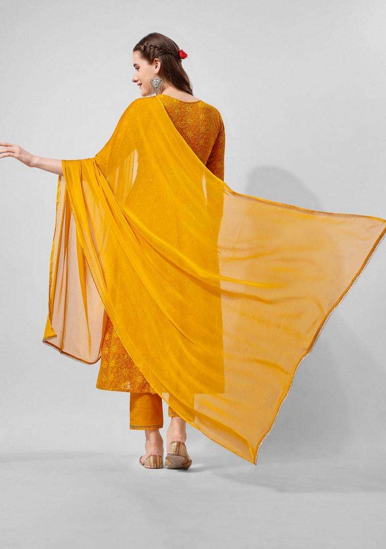 Mustard Printed Georgette Anarkali Set - Indya