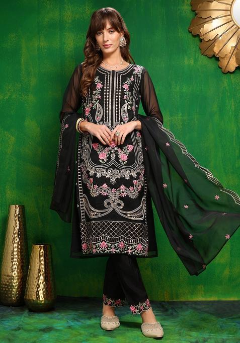Black Embroidery Organza Kurta Set