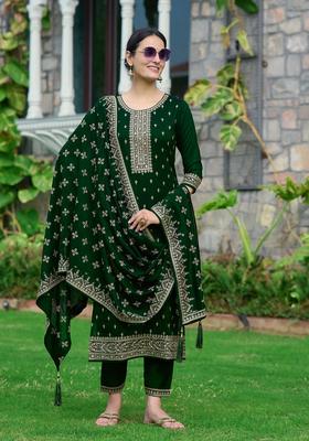 Green Embroidery Silk Kurta Set