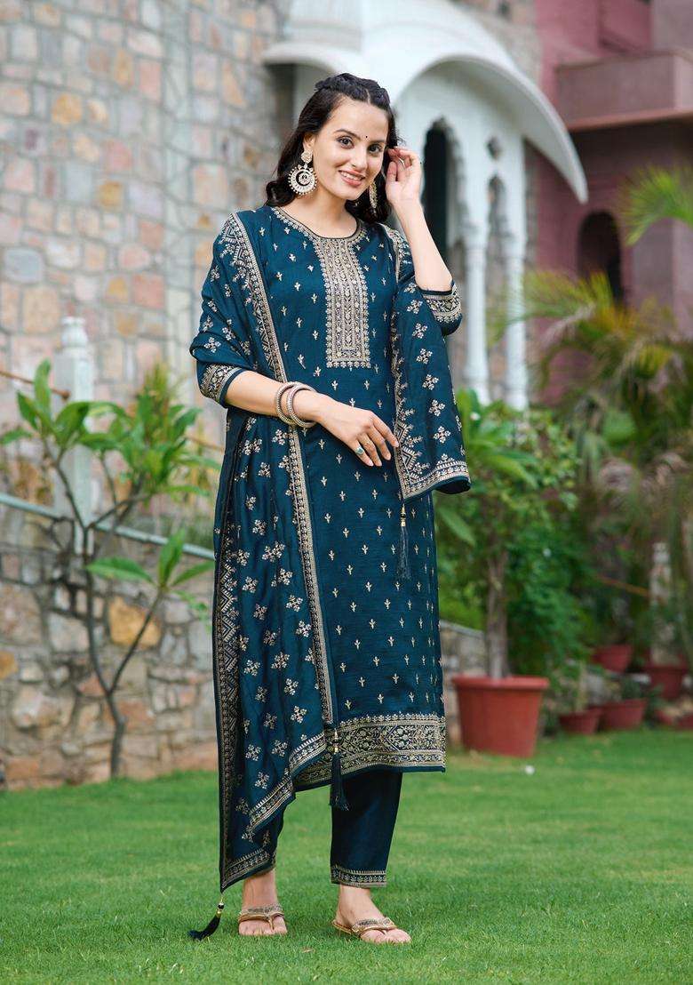 Navy Blue Printed Silk Straight Kurta Set - Indya