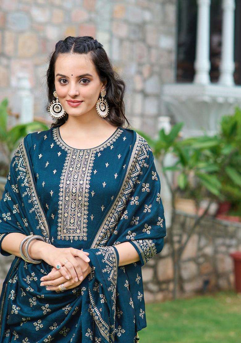 Navy Blue Printed Silk Straight Kurta Set - Indya