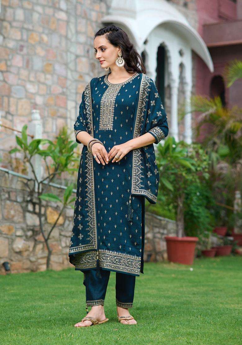 Navy Blue Printed Silk Straight Kurta Set - Indya