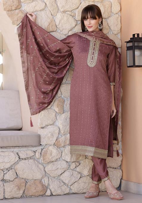 Mauve Embroidery Silk Kurta Set