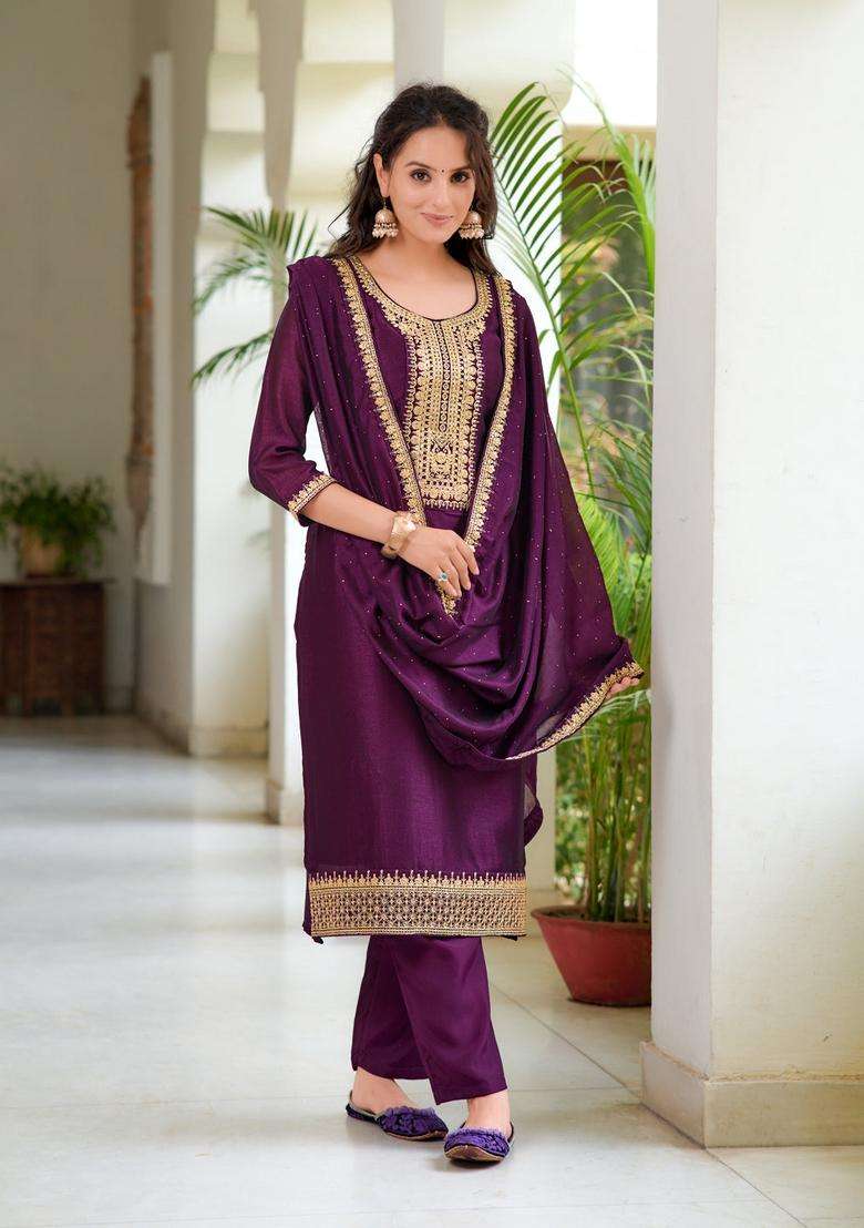 Wine Embroidered Silk Straight Kurta Set - Indya