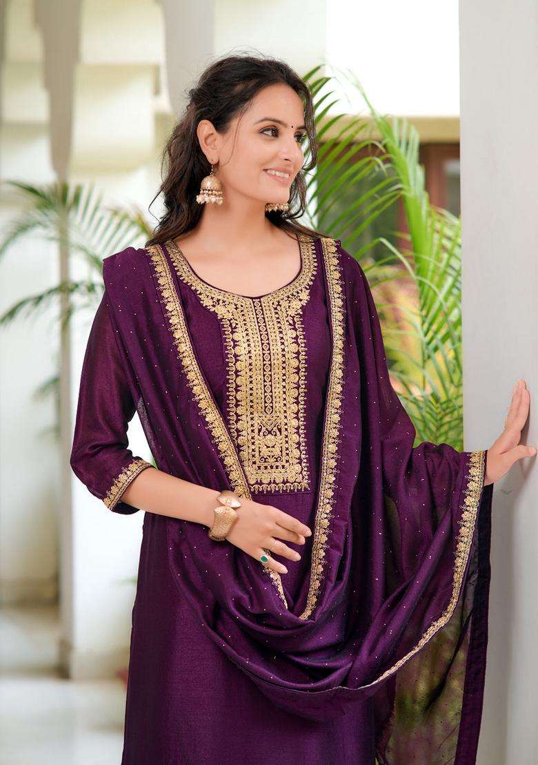 Wine Embroidered Silk Straight Kurta Set - Indya