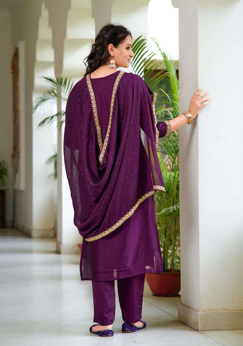 Wine Embroidered Silk Straight Kurta Set - Indya