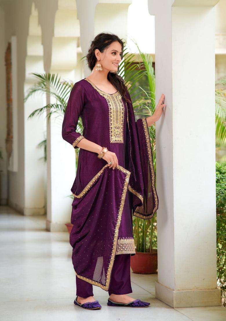 Wine Embroidered Silk Straight Kurta Set - Indya