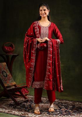 Maroon Embroidery Silk Kurta Set