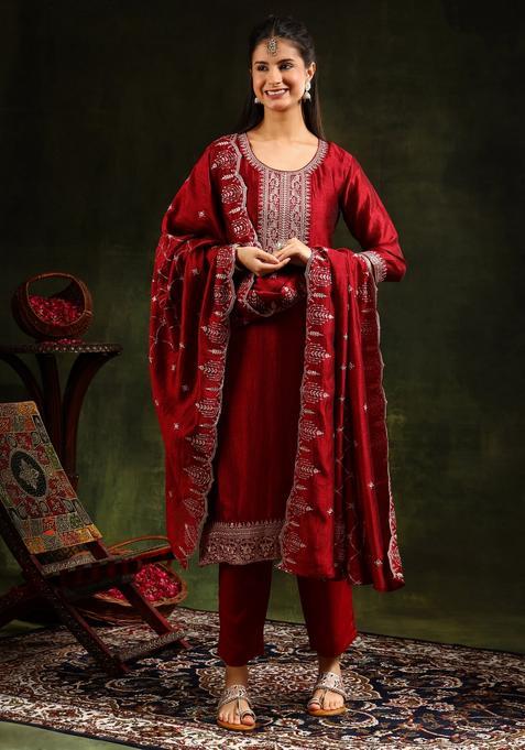 Maroon Embroidery Silk Kurta Set