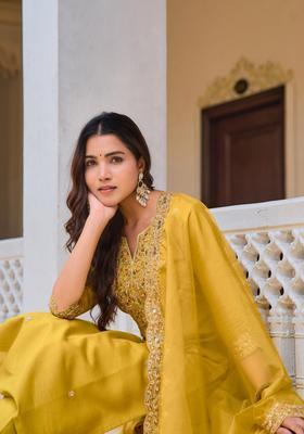 Mustard Embroidery Chanderi Kurta Set