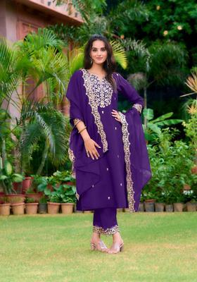 Purple Embroidery Chanderi Kurta Set