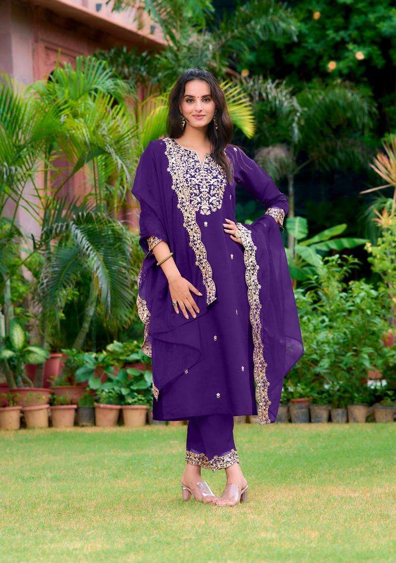 Purple Embroidered Chanderi Straight Kurta Set - Indya