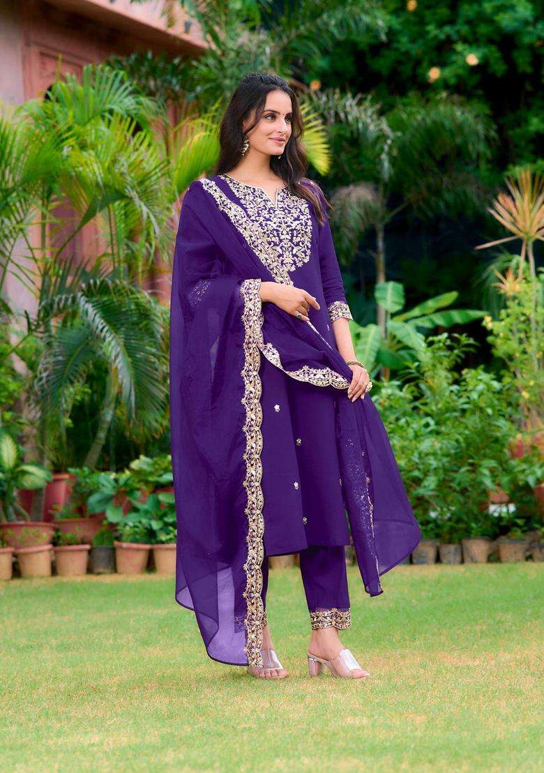 Purple Embroidered Chanderi Straight Kurta Set - Indya