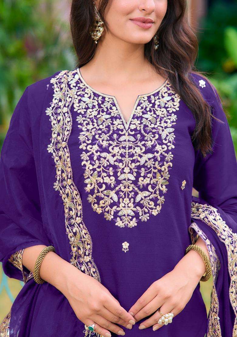 Purple Embroidered Chanderi Straight Kurta Set - Indya