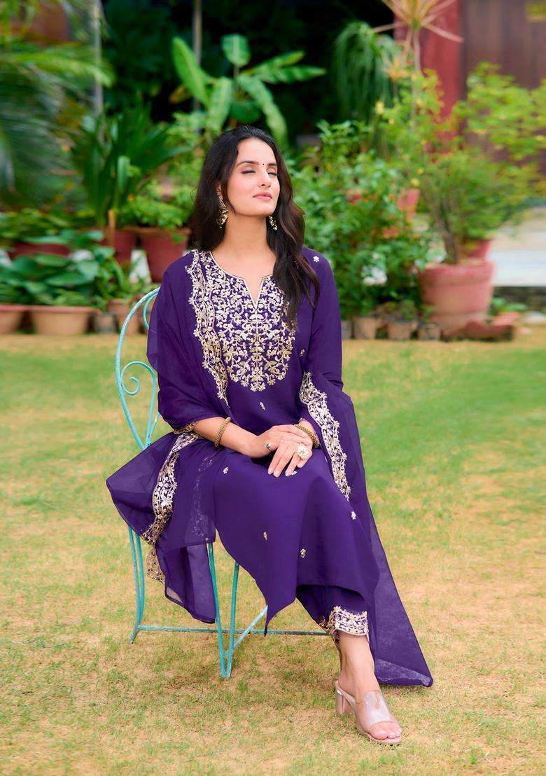 Purple Embroidered Chanderi Straight Kurta Set - Indya