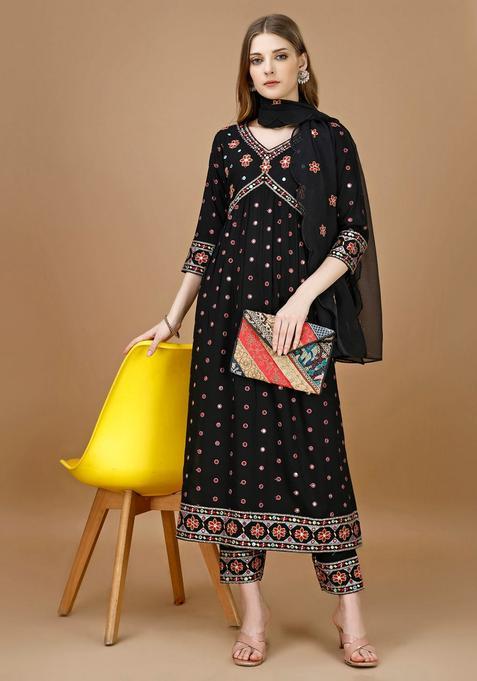 Black Embroidery Rayon Kurta Set