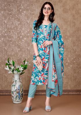 Blue Floral Print Cotton Straight Kurta Set