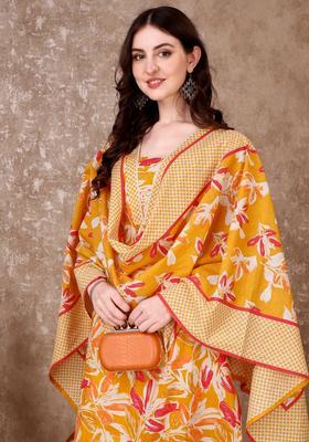 Yellow Embroidery Cotton Kurta Set