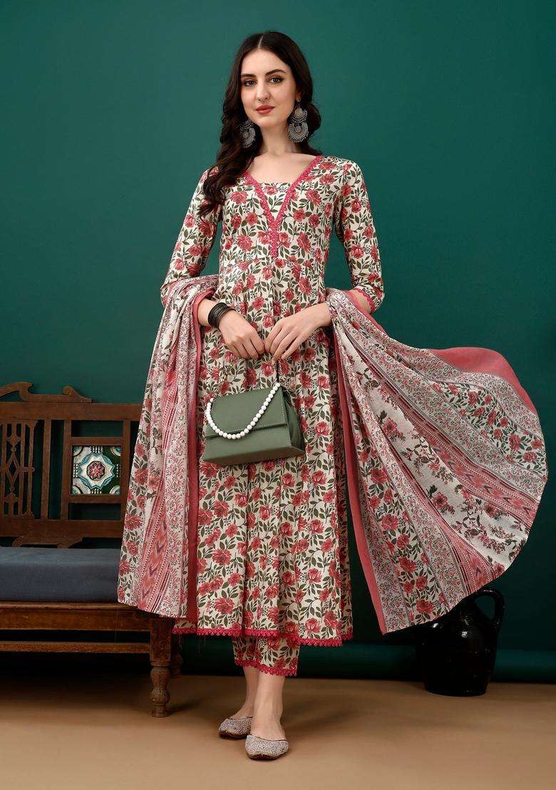Pink Floral Print Cotton Anarkali Set - Indya