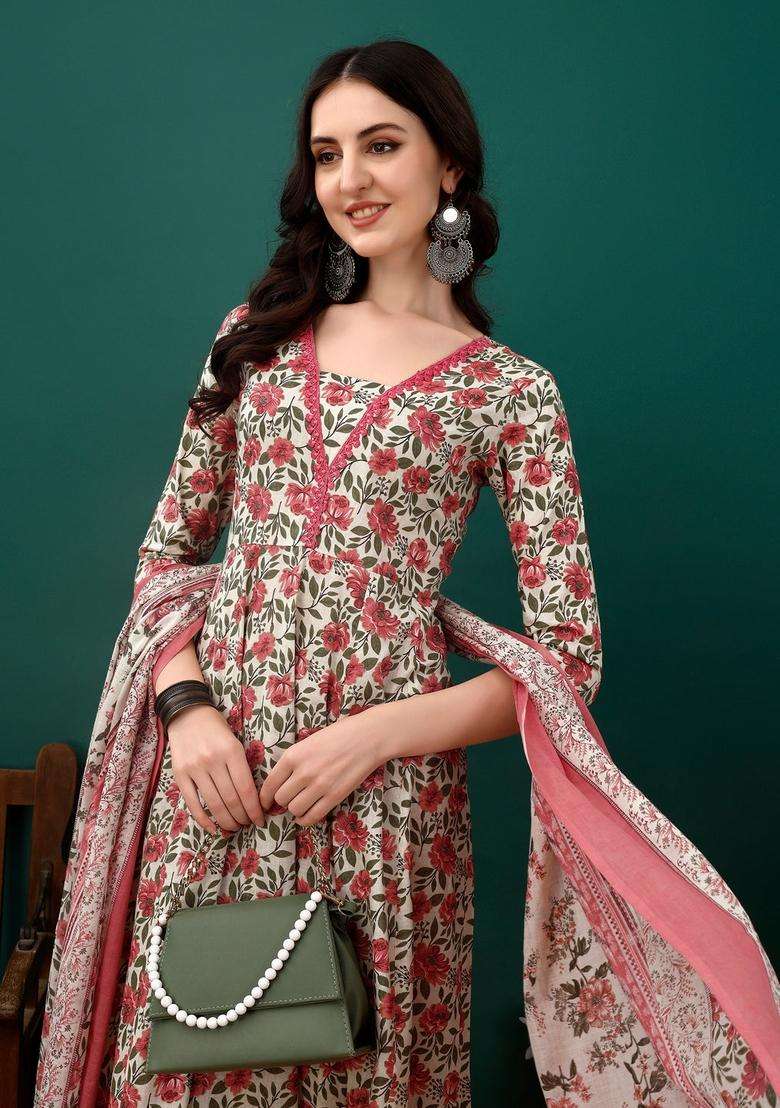 Pink Floral Print Cotton Anarkali Set - Indya