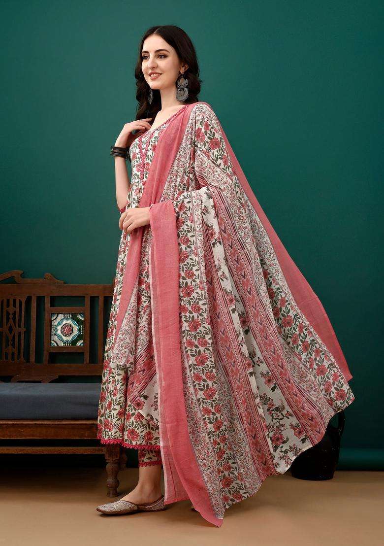 Pink Floral Print Cotton Anarkali Set - Indya