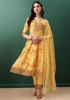 Yellow Embroidery Rayon Kurta Set