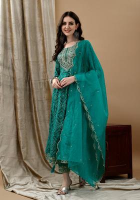 Green Embroidery Rayon Kurta Set