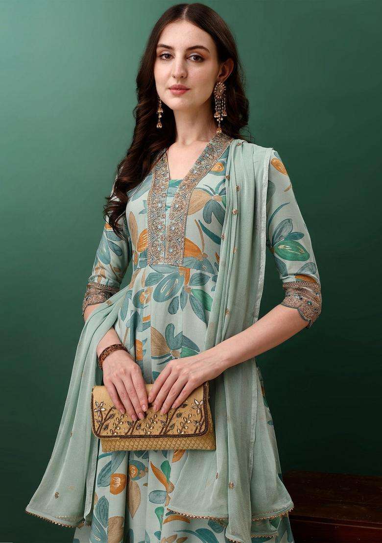 Blue Embroidered Rayon A Line Kurta Set - Indya