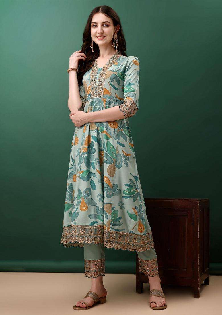 Blue Embroidered Rayon A Line Kurta Set - Indya