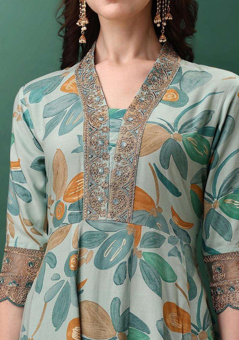 Blue Embroidered Rayon A Line Kurta Set - Indya