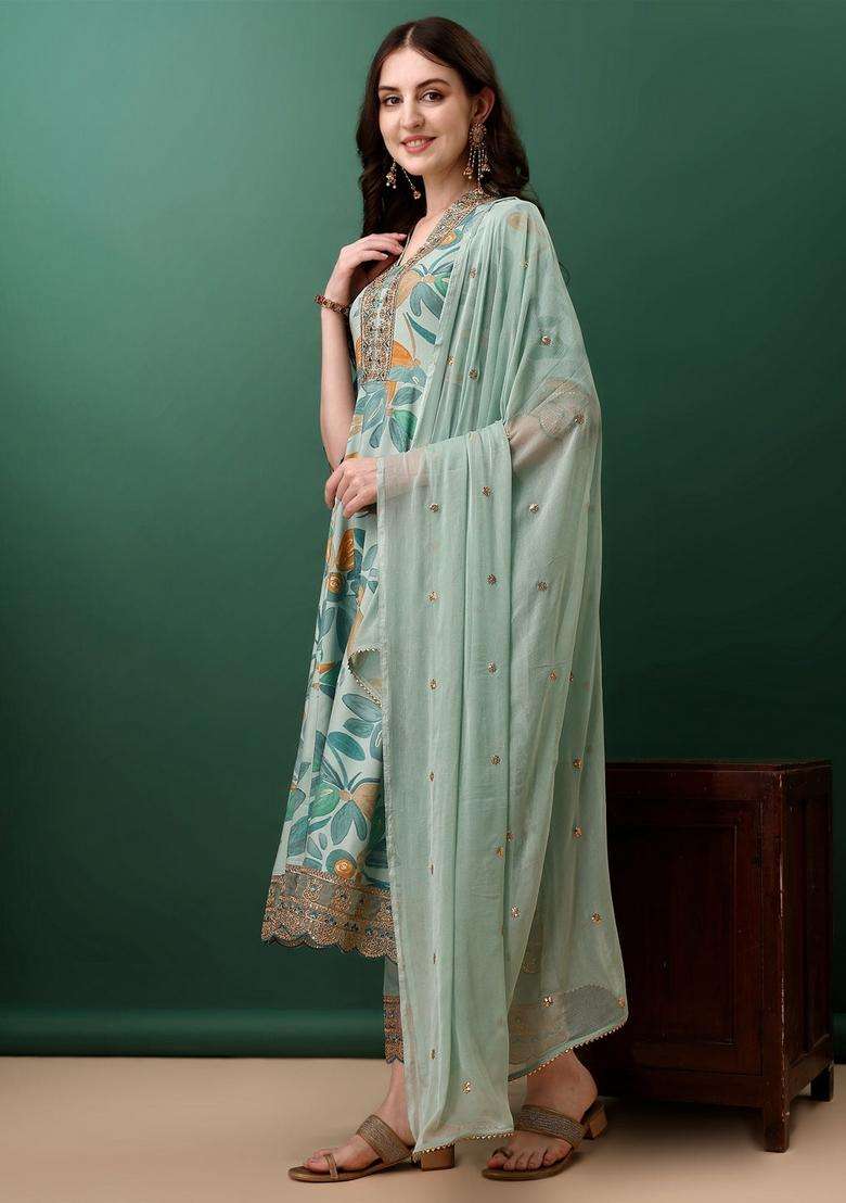 Blue Embroidered Rayon A Line Kurta Set - Indya