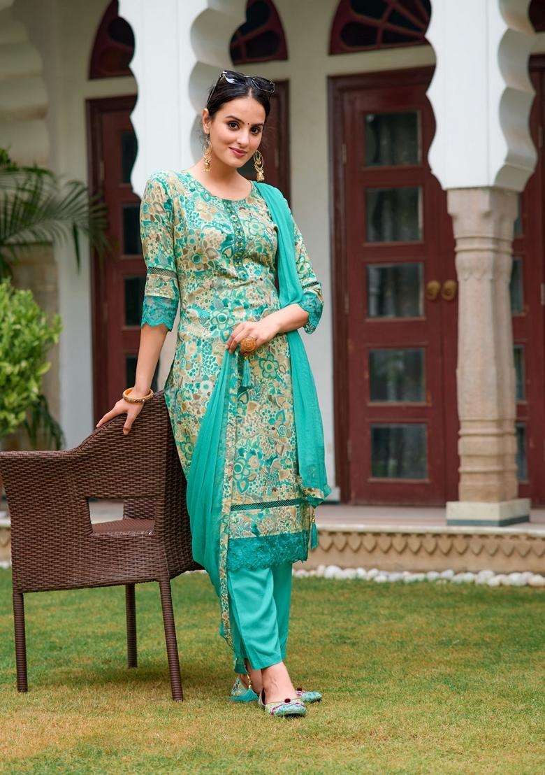 Blue Printed Rayon Straight Kurta Set - Indya