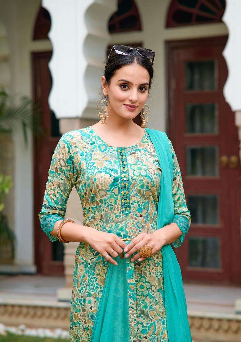 Blue Printed Rayon Straight Kurta Set - Indya