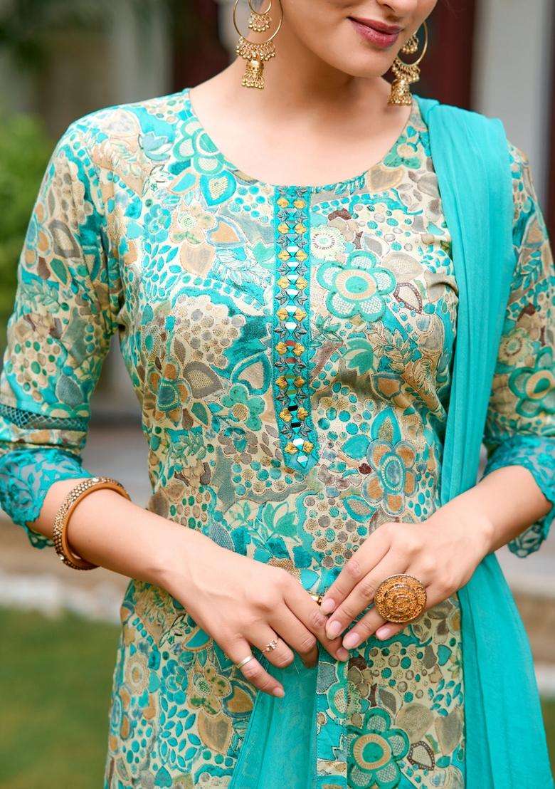 Blue Printed Rayon Straight Kurta Set - Indya