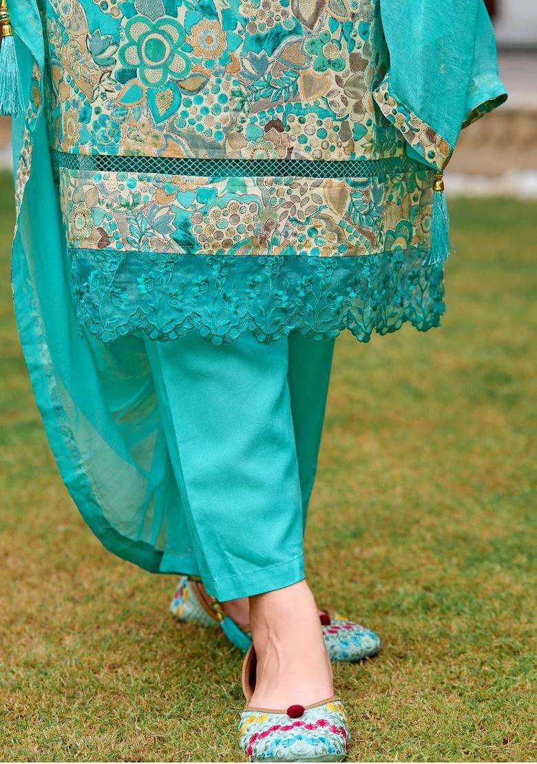 Blue Printed Rayon Straight Kurta Set - Indya