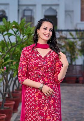 Pink Embroidery Rayon Kurta Set
