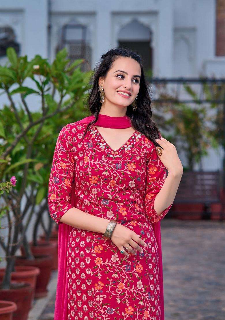 Pink Floral Print Rayon Straight Kurta Set - Indya