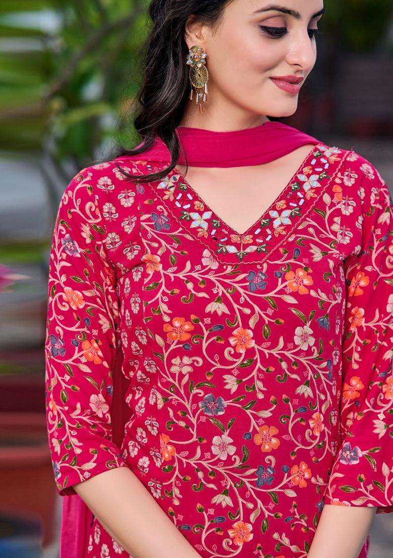 Pink Floral Print Rayon Straight Kurta Set - Indya