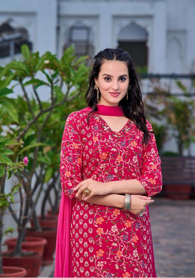 Pink Floral Print Rayon Straight Kurta Set - Indya