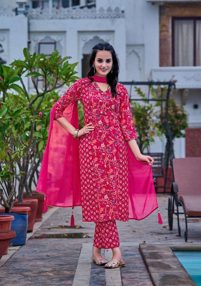 Pink Floral Print Rayon Straight Kurta Set - Indya