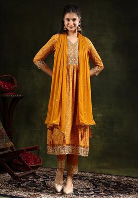 Mustard Embroidery Rayon Kurta Set