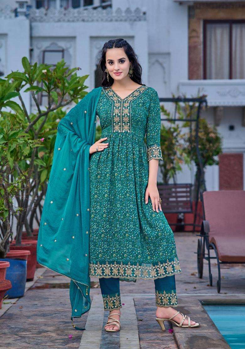 Teal Printed Rayon A Line Kurta Set - Indya