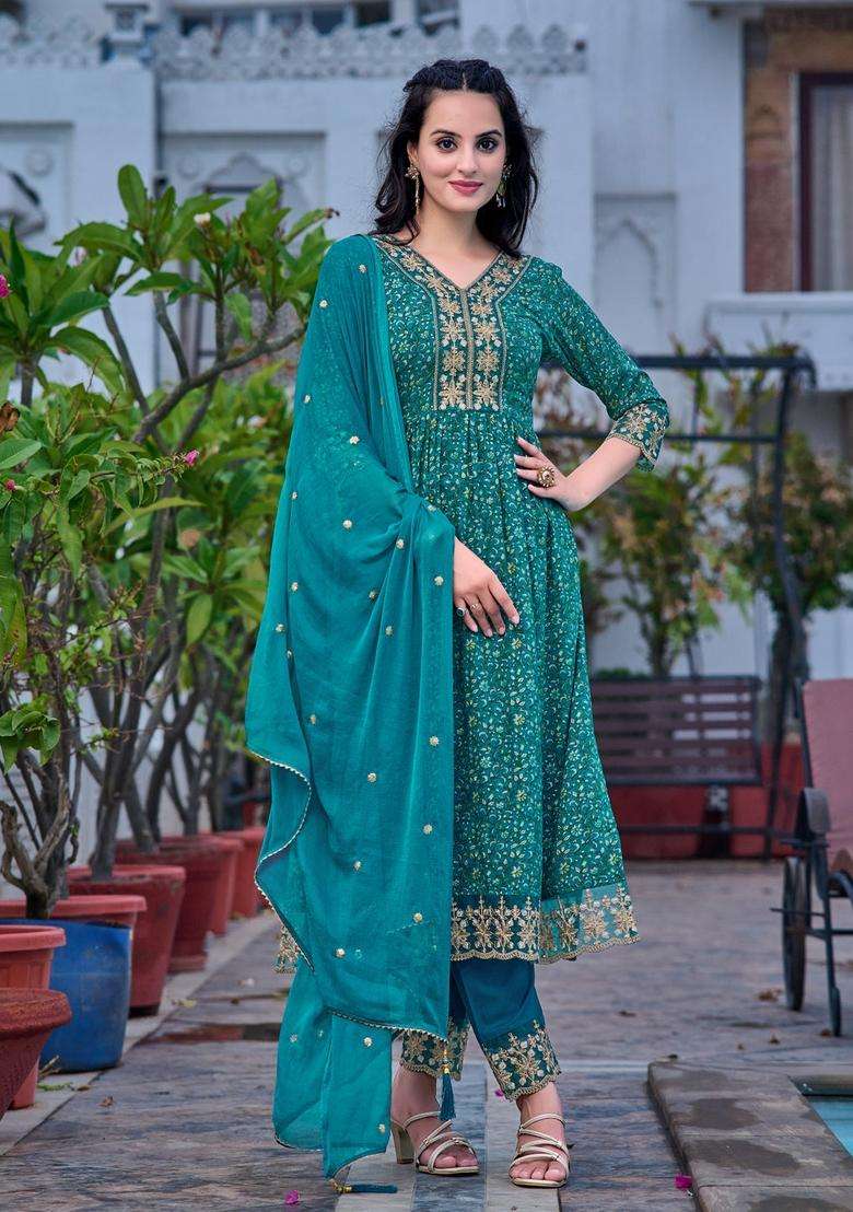 Teal Printed Rayon A Line Kurta Set - Indya