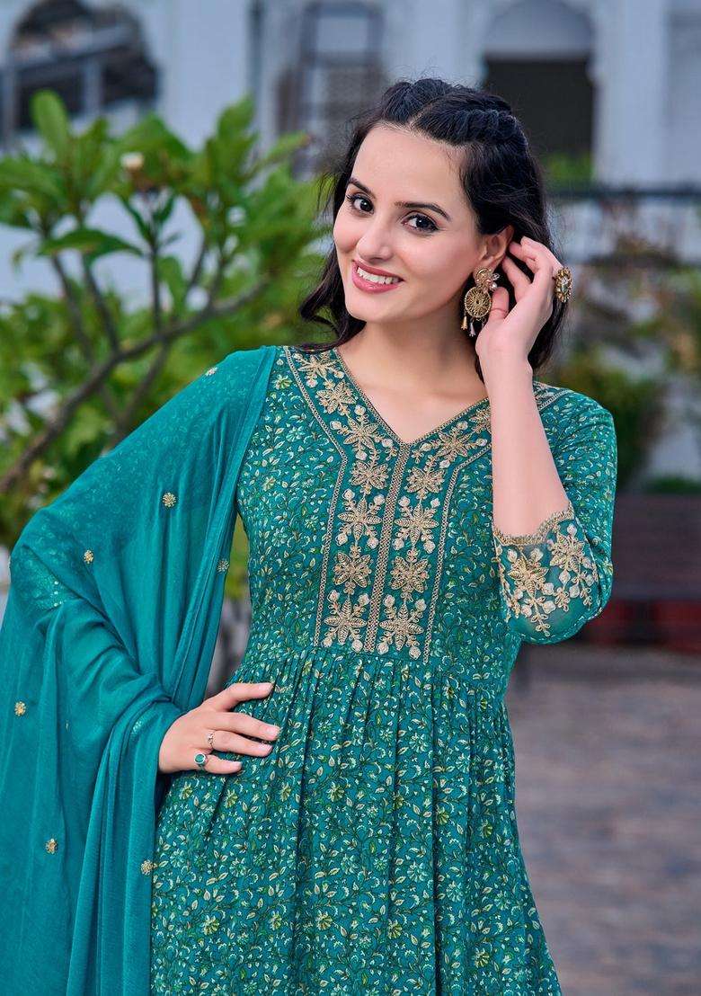 Teal Printed Rayon A Line Kurta Set - Indya