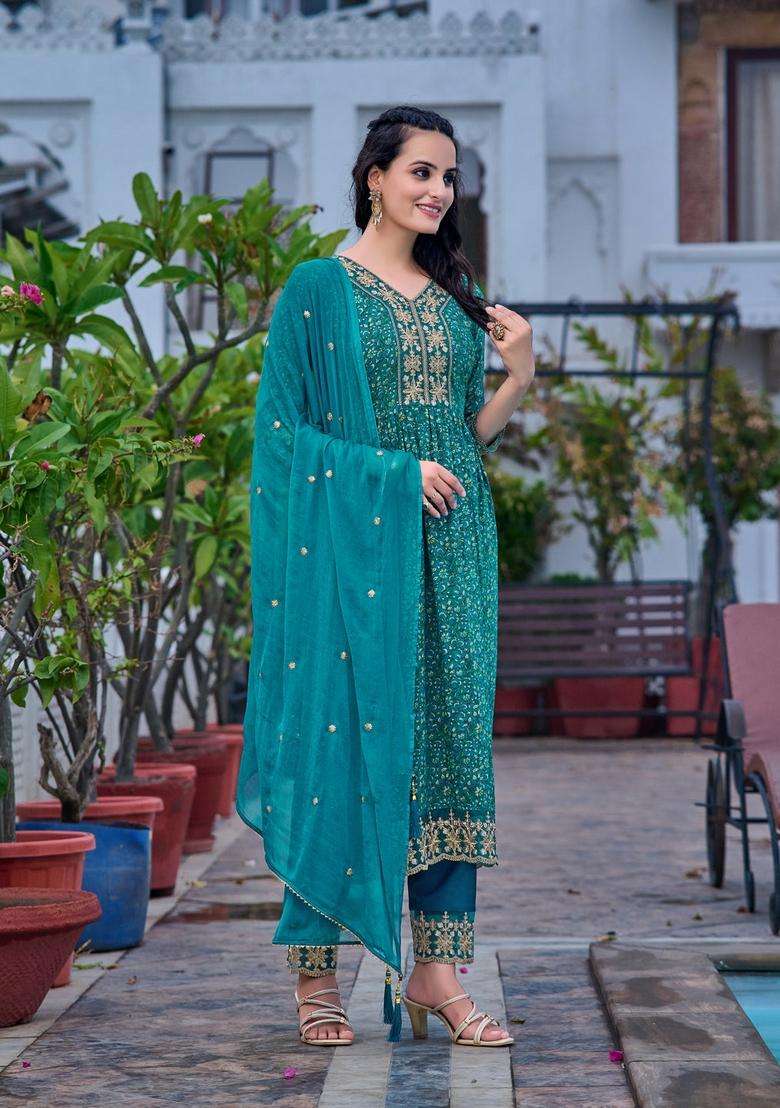 Teal Printed Rayon A Line Kurta Set - Indya