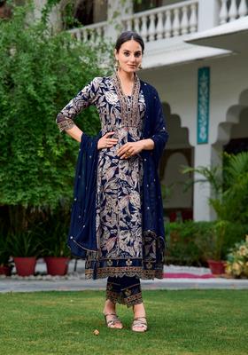 Navy Blue Embroidery Rayon Kurta Set