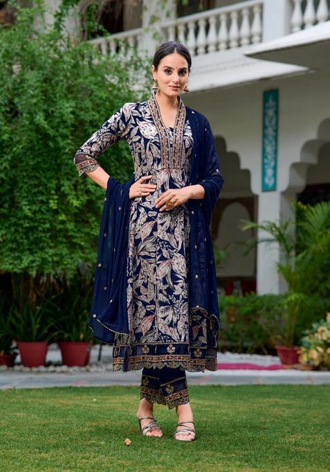 Navy Blue Embroidery Rayon Kurta Set