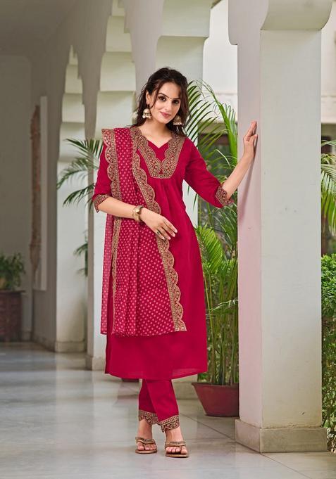 Pink Embroidery Chanderi Kurta Set