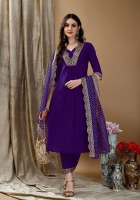 Purple Embroidery Chanderi Kurta Set